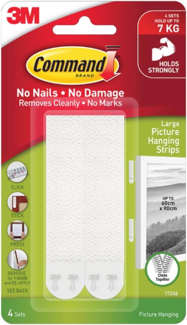 3M Command Large Picture Hanging Strips, Holds 7kg, No paint damage, Heavy Duty, Holds Strongly, Adhesive hooks for wall, Multi-surface (White, 8 strips)