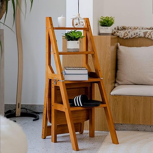Miniatura 2 de Escalera plegable de 4 niveles, silla plegable de madera 3 en 1, taburete portátil multifunción con capacidad de 265 libras, estante de exhibición