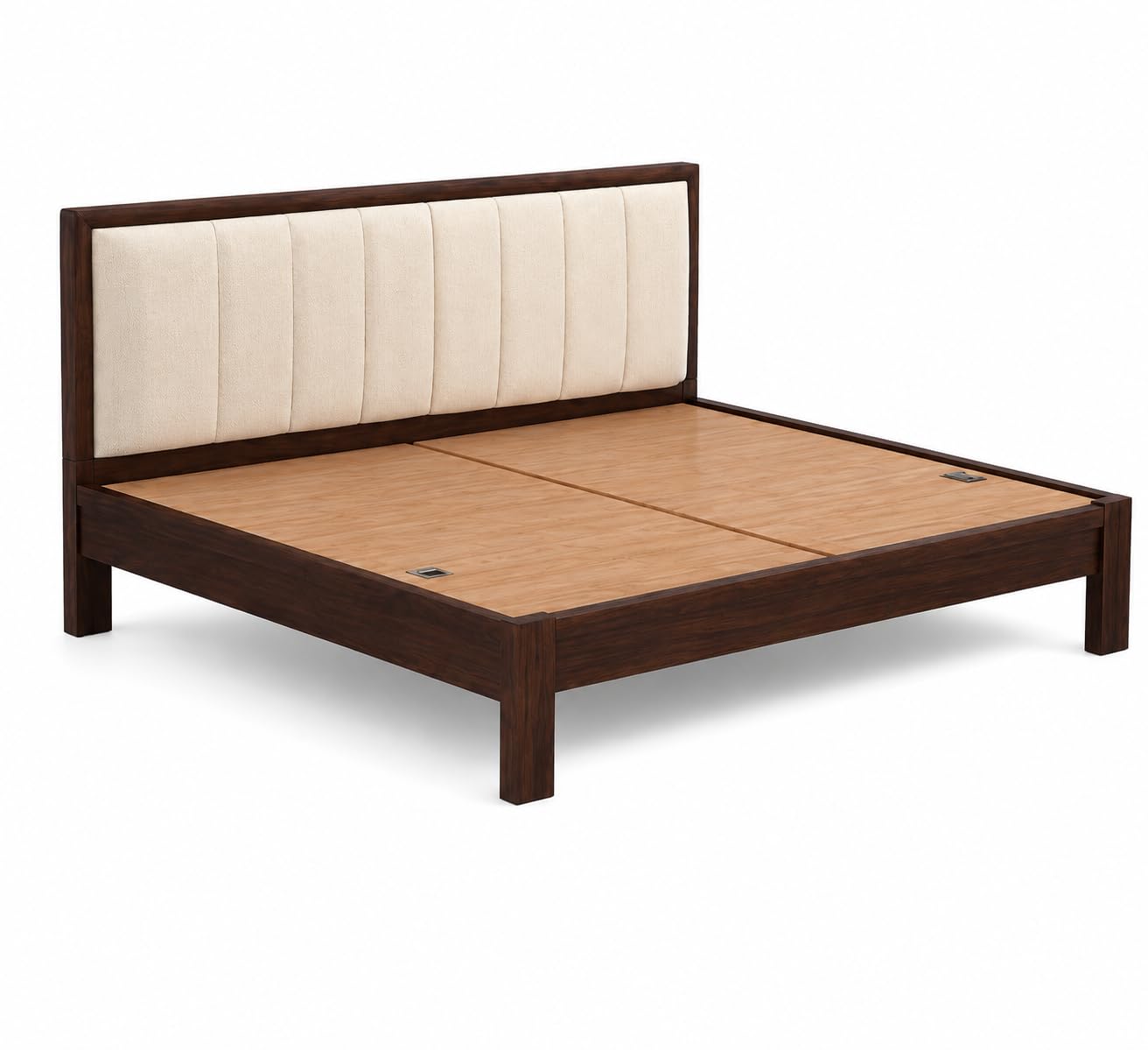 solid sheesham wood upholstered bed with cushioned headboard | modern platform bed frame for bedroom | walnut finish | king/queen size