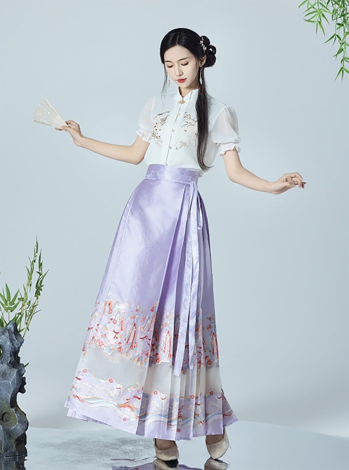 Summer Embroidery Short Sleeve Blouse Women Long Half-Body Skirt 2 Pcs Set