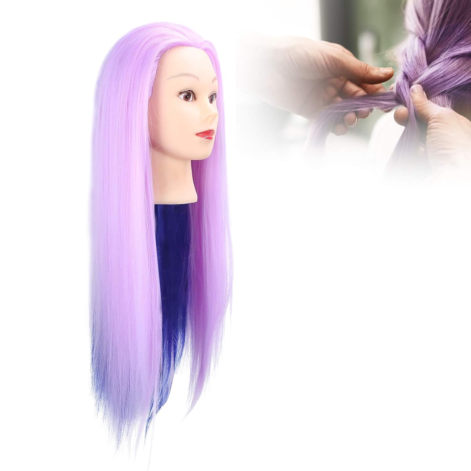 Mannequin Head with Hair Braiding Practice Hair Cutting Hairdressing Styling Mannequin Head (light purple two colors)