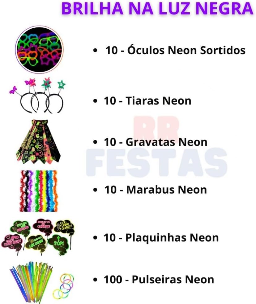 Kit Festa Neon 150 Peças, Pulseiras, Óculos, Tiaras, Gravatas, Plaquinhas, Marabus, Acessórios para Balada