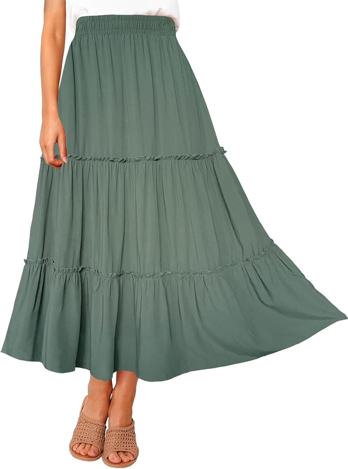 Afibi Womens High Waist A Line Ruffle Swing Long Maxi Skirt with Pockets - Image 2