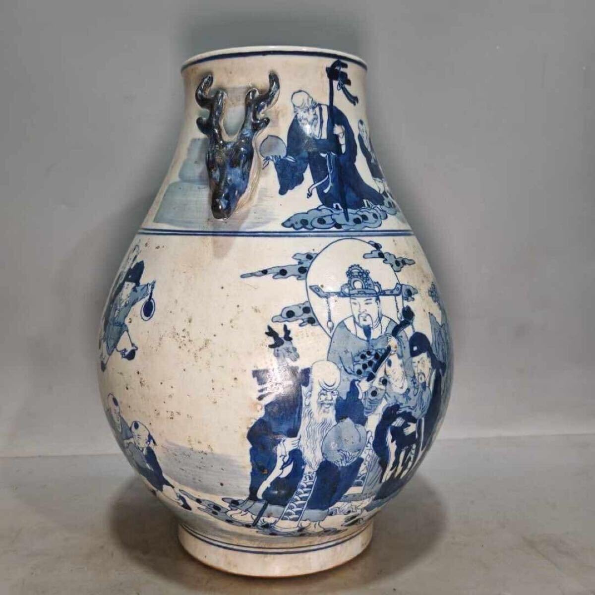 中国武神の図が描かれた双耳付きの人物花瓶 大清同治年製古董品 美術品 中国武神の図が描かれた双耳付きの人物花瓶 大清同治年製古董品