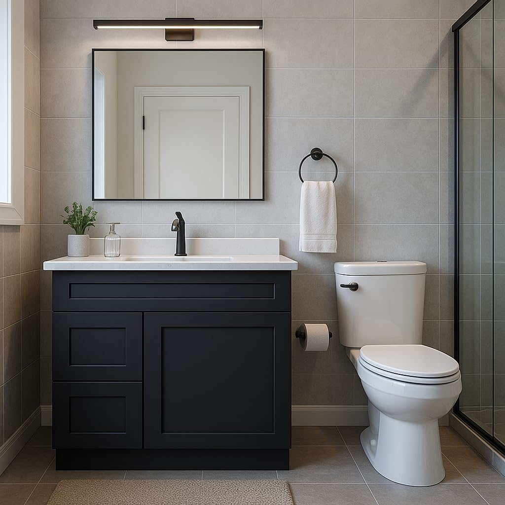 36" Black Shaker Bathroom Vanity with Sink – Solid Surface One-Piece Top, Soft-Close Doors, Polyurethane Nano Resin Sink, Pre-Drilled Faucet Hole, Modern Bath Vanity Cabinet Set