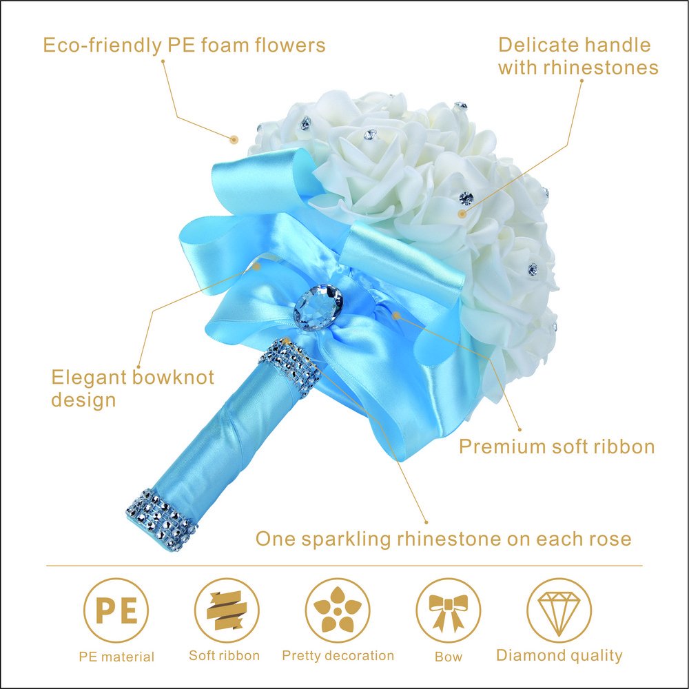 Hochzeitsstrauß, groß, himmelblau, Brautjungfernstrauß, Brautstrauß mit Kristallen, weichen Bändern, künstliche Rosenblumen für Hochzeit, Party und Kirche (Himmelblau-große Größe)