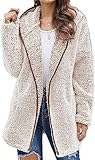 Gemijacka Plüschjacke Damen Teddy Fleece Mantel Warm Winterjacke Flauschig Kapuzenpullover Oversize Hoodie Beige XXL