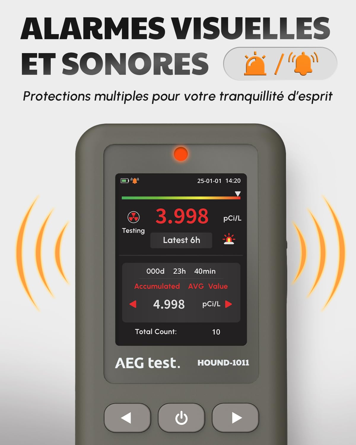 HOUND-1011 Détecteur de Radon Portable pour la Maison, léger, capteur Haute précision, 45 Jours, Facile à Utiliser, mesures Court et Long Terme en pCi/L ou Bq/m³, pour sous-Sol – Gris