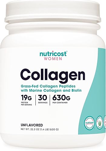 Nutricost Colágeno para mujer, 30 porciones (vainilla) péptidos de colágeno alimentado con hierba con colágeno marino y biotina, sin OMG y sin gluten
