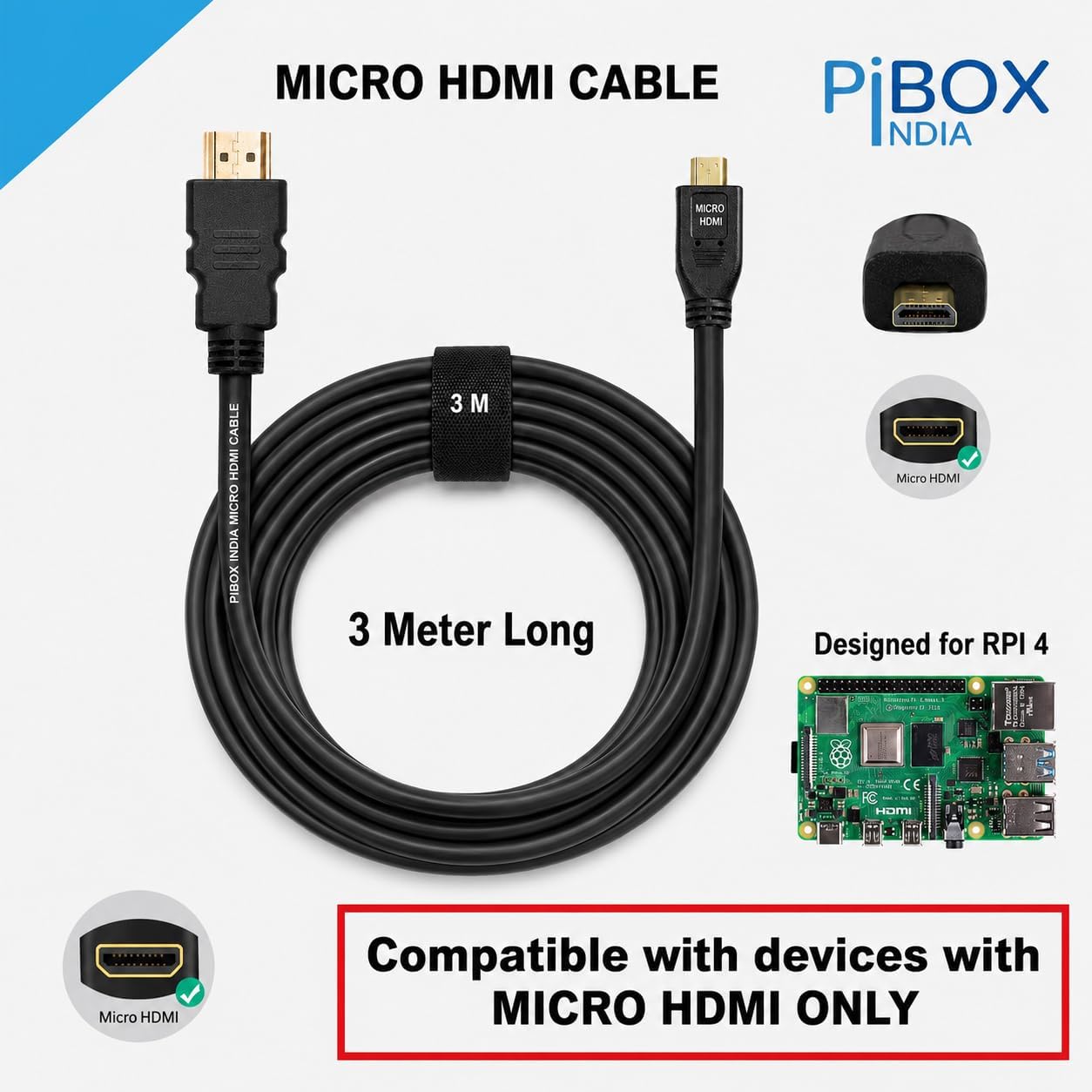 PiBOX India,Micro HDMI to HDMI Cable,4K 60Hz,1.5Mtr 5ft,Adapter Ethernet Audio Return Compatible for Raspberry Pi 4 RPI,Pi 400,GoPro Hero 7,Sony A6000 A6300 Camera,Nikon B500-NOT MINI DP/NOT MICRO USB — Amazon image 2