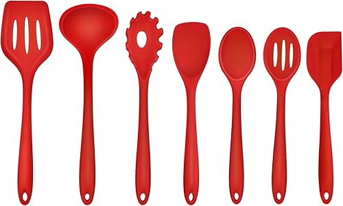 TeamFar Utensilios de cocina, 7 piezas de utensilios de cocina de silicona, utensilios de cocina antiadherentes con cucharón, espátula, cuchara,