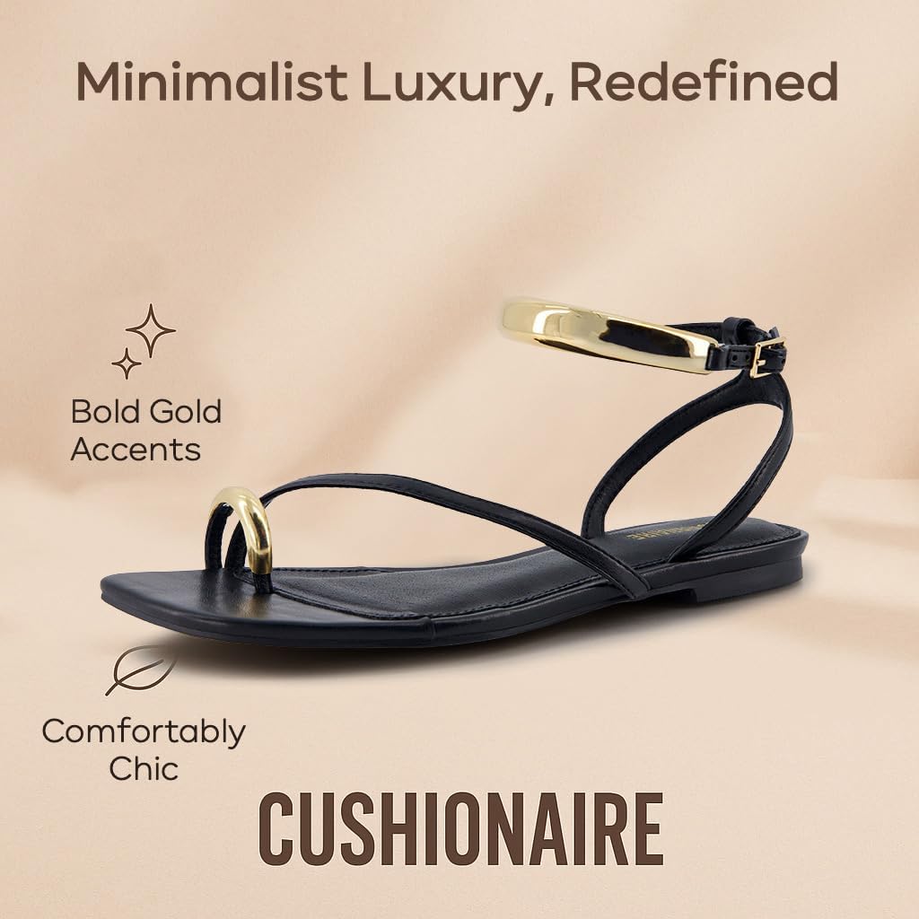 CUSHIONAIRE Secret Flat Sandals for Women with Gold Ankle Cuff and Toe Ring Strap, Vegan Leather Dress Sandals - Image 4