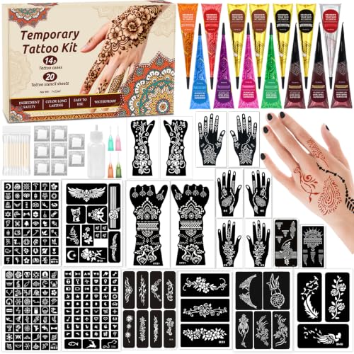 Temporary Body Art Tattoo Kit with 20 Reusable Stencils 14 Tattoo Ink in 10 Colors Mixing Bottles Cotton Swabs & Gloves DIY Skin Art Set for Festivals Parties & Creative Makeup