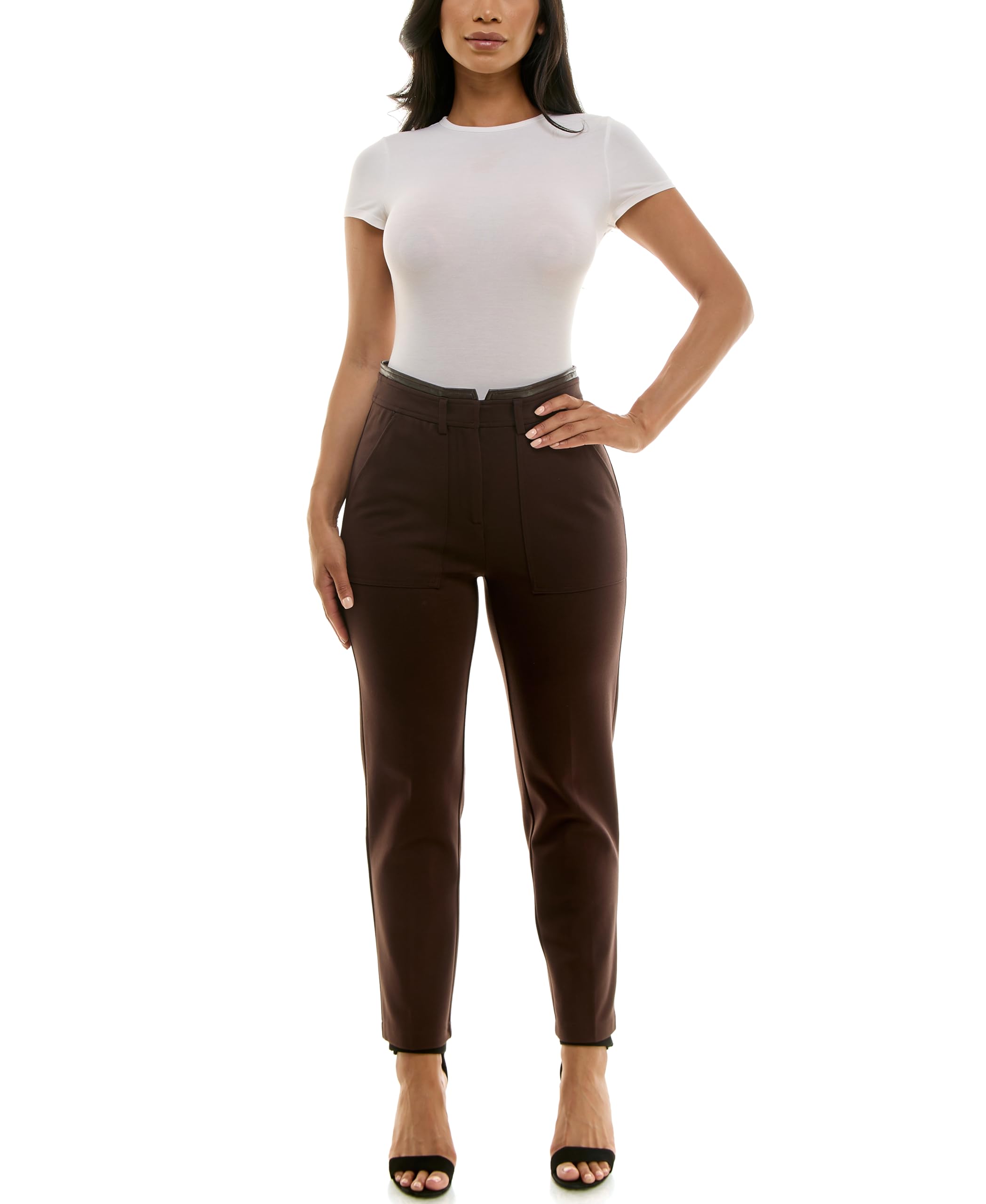 Zac Rachel Womens Pull on Slim Leg Compression Pant with Pleather Trims and Functional Pocket with Stitch Detail
