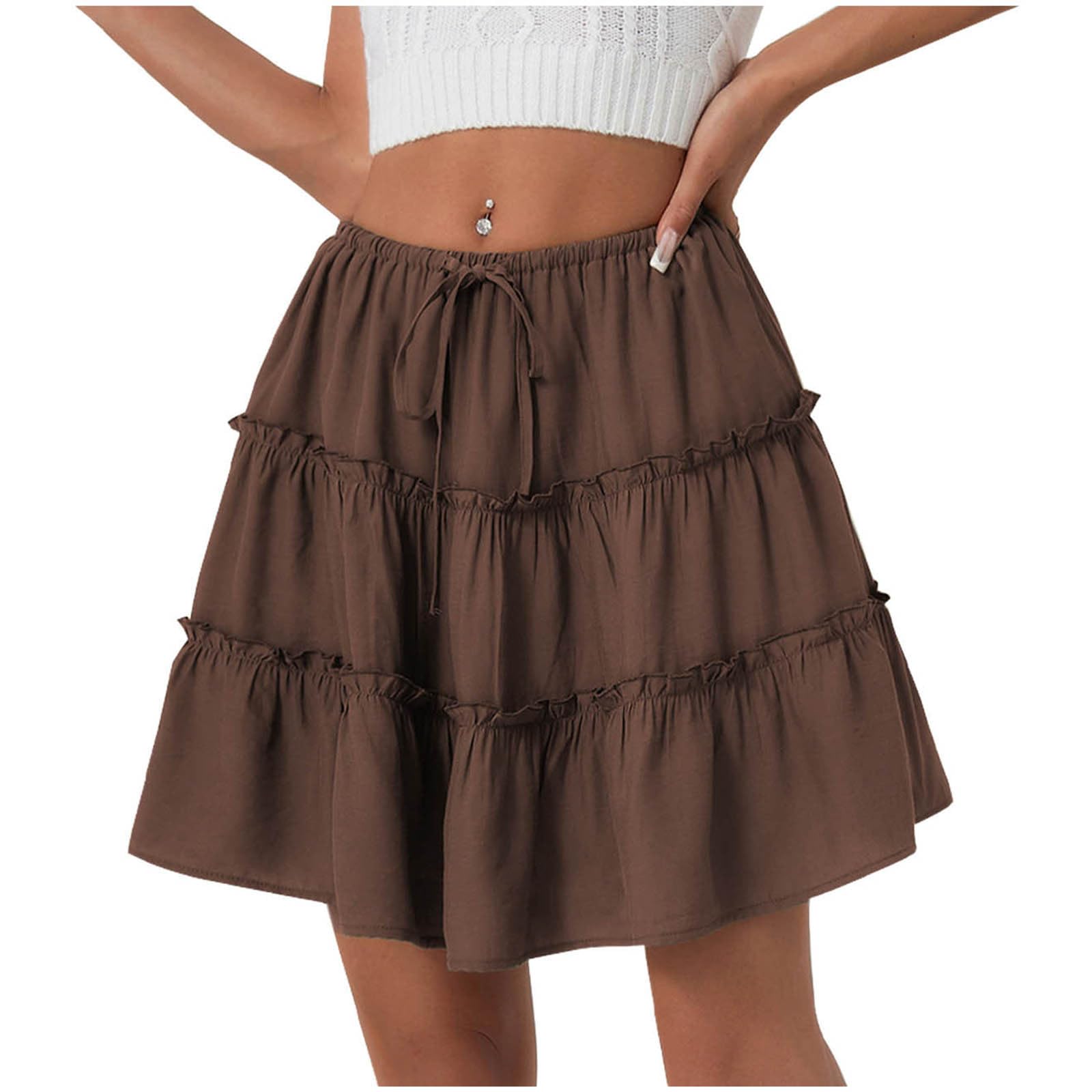 Summer Skirts for Women Trendy 2025 Drawstring High Waist with Lined Ruffle Tiered Cute Flowy A-Line Boho Mini