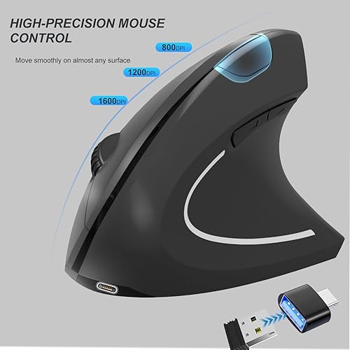 Miniatura 2 de Vassink Ratón inalámbrico ergonómico, conexión USB A+tipo C (2 en 1), 80012001600 DPI, 6 botones silenciosos, túnel carpiano de 2.4 GHz, ratones