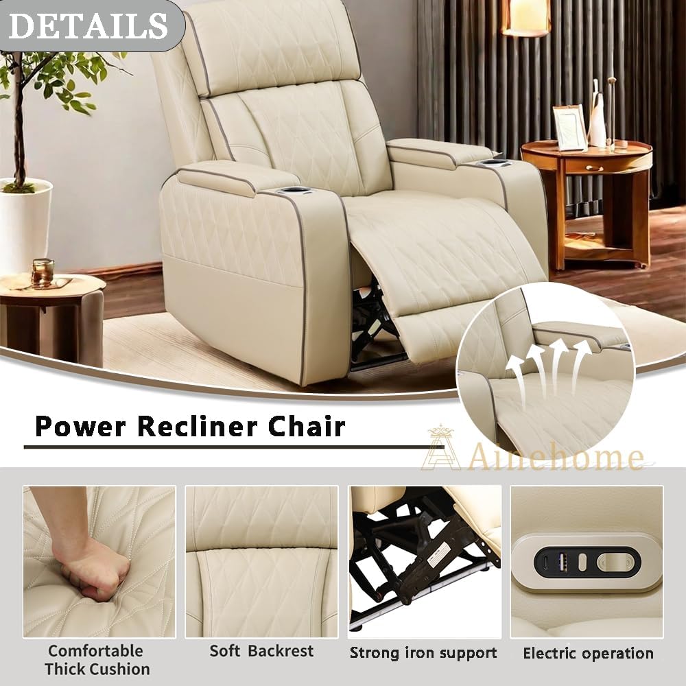 A Ainehome Power Leather Recliner Sofa Set, Recliner Sofa Sectional Couches for Living Room, Reclining Sofa, loveseat, Chair with Storage Console/Cup Holders(Khaki,Chair)