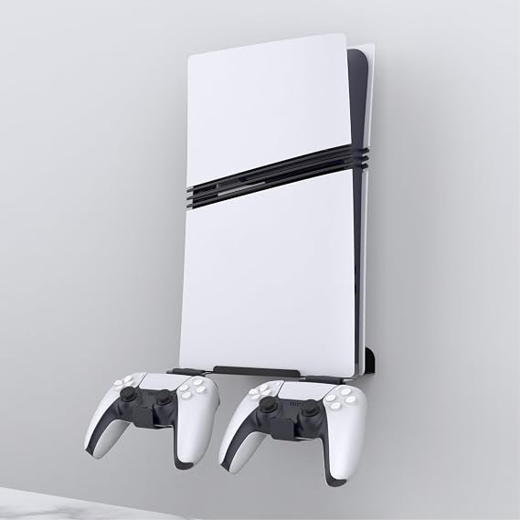 Wall Mount Bracket Base with Controller Holder Wall Hanging Stand for PS5 Pro/ps5 Slim Digital Edition and Disc Edition Console Holder Wall Mount Gaming Stand (Black)