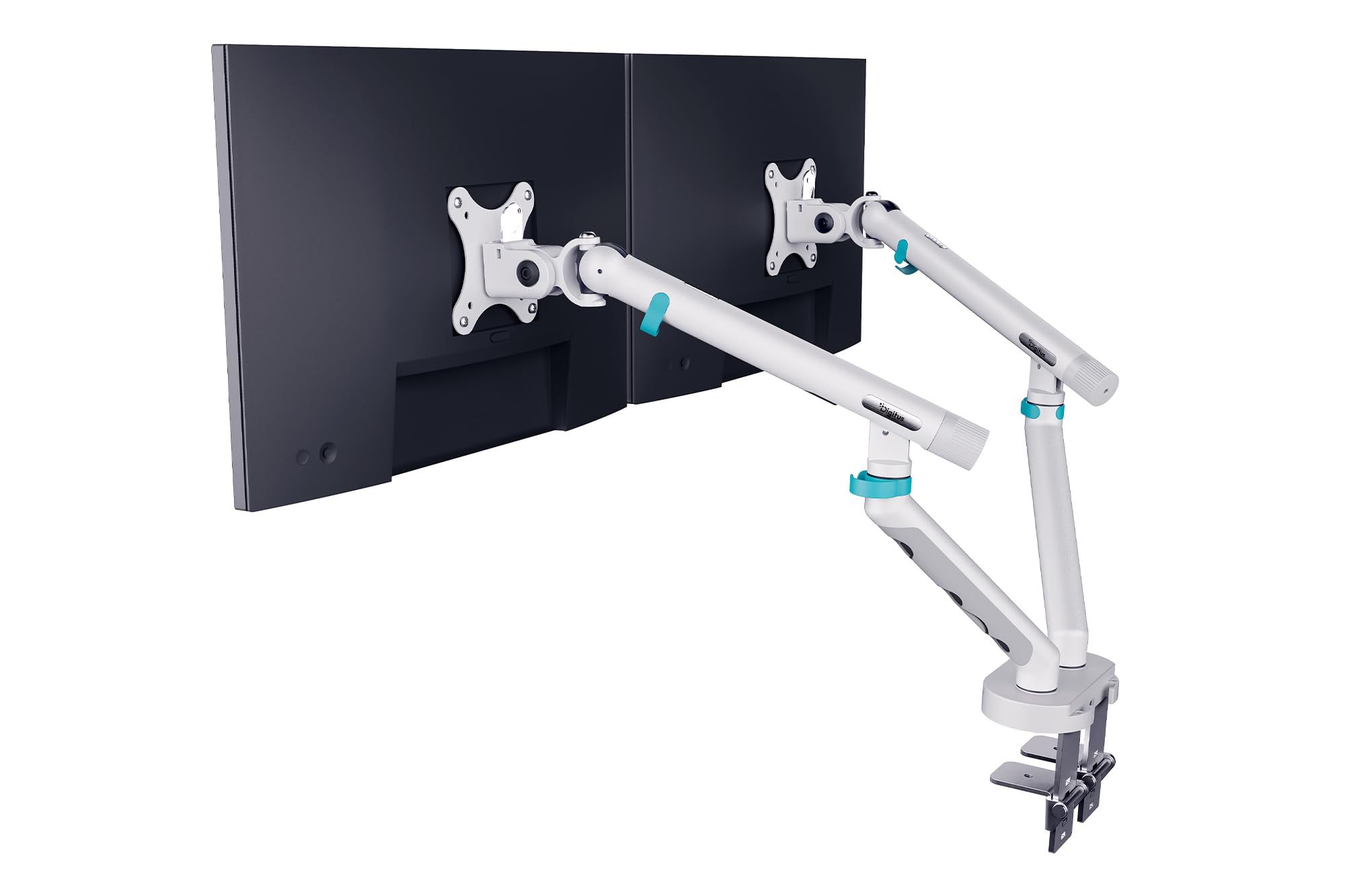 DIGITUS Monitor Halterung 2 Monitore – bis 35 Zoll – mechanische Feder | 10 kg Traglast je Arm – für Flach- und Curved-Bildschirme – VESA 75, 100 – Tischklemme – Weiß