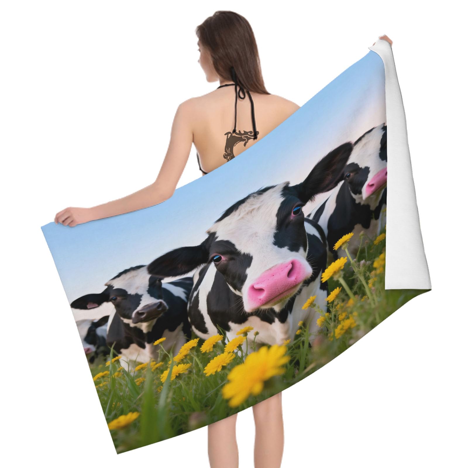 Leichong 3D Milk Cow Beach Towel Microfiber Soft Quick Dry for Adults, Farm Animal Bath Towel Lightweight Soft Absorbent for Travel Swimming Pool Sports, 75 x 150 cm