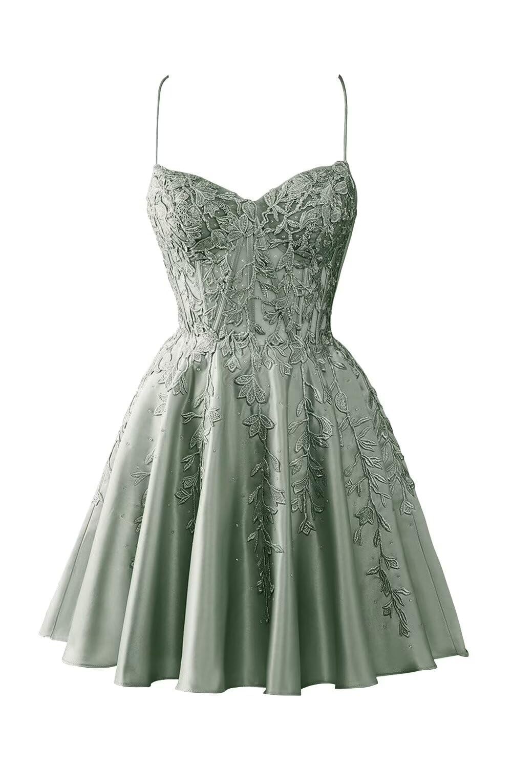 Aherkll Women's Jade Spaghetti Straps Bridesmaid Dresses For Juniors Lace Applique Evening Cocktail Party Maxi Gown Mini Length Ah168 Uk10