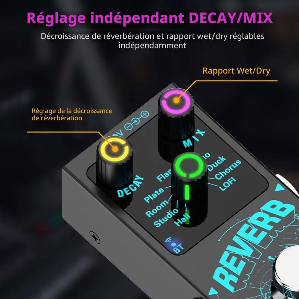 Digital Reverb Guitar Pedal, 9 Types de Réverbération, Accompagnement sans Fil avec un Vrai Contournement, des Boutons de Commande de Décroissance/Mélange, une