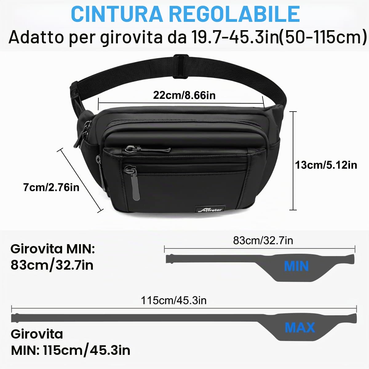 HNOOM Marsupio Impermeabile Uomo Donna Sportivo Lavoro Grande Trekking con Cintura Regolabile 5 Tasche (Nero)