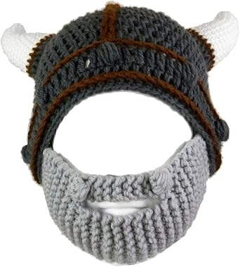 YEKEYI Handmade Knit Helmet and Removable Beard Barbarian Knight Knit Hat Viking Horns Beanie Funny Caps