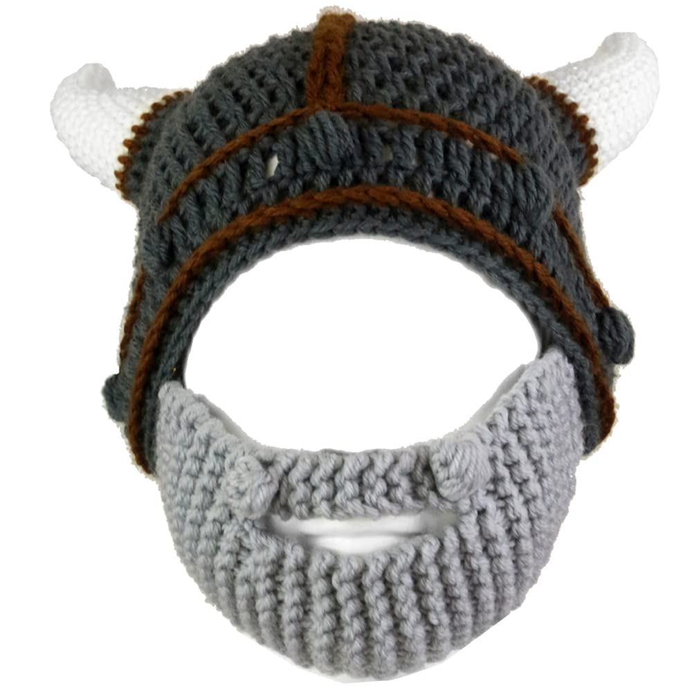 YEKEYI Handmade Knit Helmet and Removable Beard Barbarian Knight Knit Hat Viking Horns Beanie Funny Caps Gray