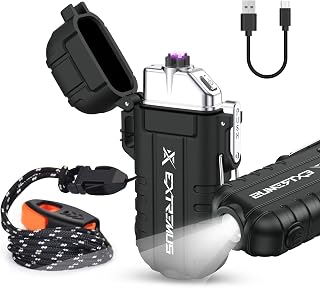 Extremus Blaze 360 Windproof Lighter, Waterproof Lighter with Flashlight, USB Rechargeable Flameless Lighter, Dual Arc Plasma Electric Lighter with Survival Whistle & Lanyard Camping Tactical Gear