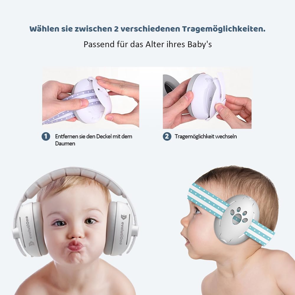 2in1 Baby Gehörschutz Kopfhörer Lärmschutz - Kopfband und Kopfhörerbügel verstellbar - Alter 0-48 Monate - Lieferumfang inklusive 3 ANTI-RUTSCH Kopfbänder in BLAU/ ROSA/ GRAU + Tragetasche