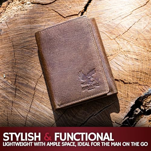 Image of BULL GUARD RFID Genuine Leather Trifold Wallets for Men ID Window, Secret Pocket, Eagle Brown - Wilderness Eagle Stream, 3.25 x 4.25 x 0.75 inches, Trifold Wallet