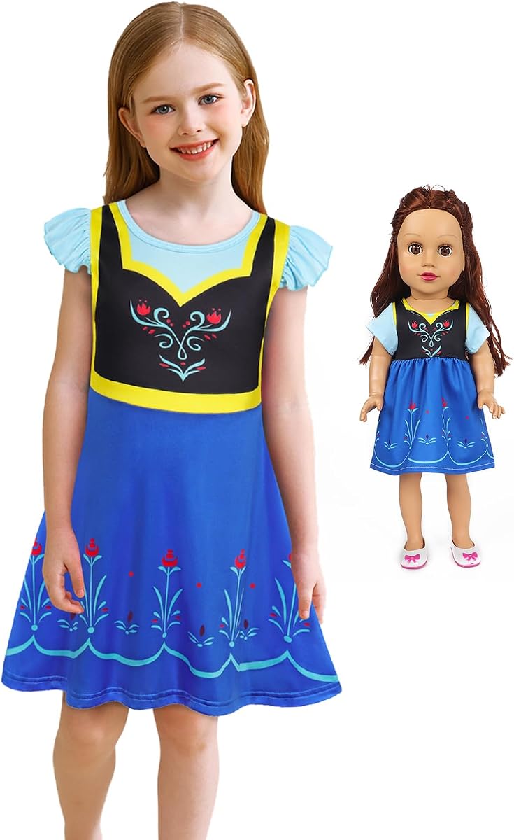 Doll and Girl Matching Nightgown Girls Princess Pajamas 18" Dolls Clothes | Matching Doll & Girls Nightgowns Sleepwear Nightdress Flutter Short Sleeve Night Gown Nightie Dress