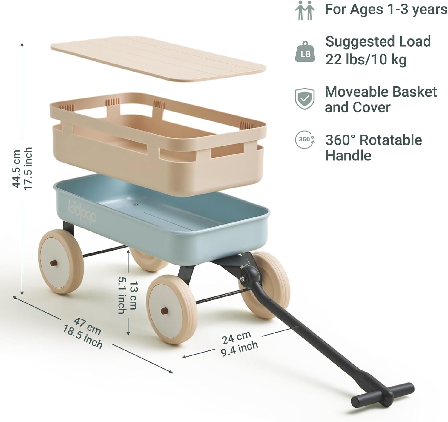 Kidpop Kids First Pull-Along Wagon with Removable Cover and Basket for Storage, 4-in-1 Push Pull Toy Cart for Toddlers, Lightweight (5.5 lbs), 1st Birthday Gift (Blue)