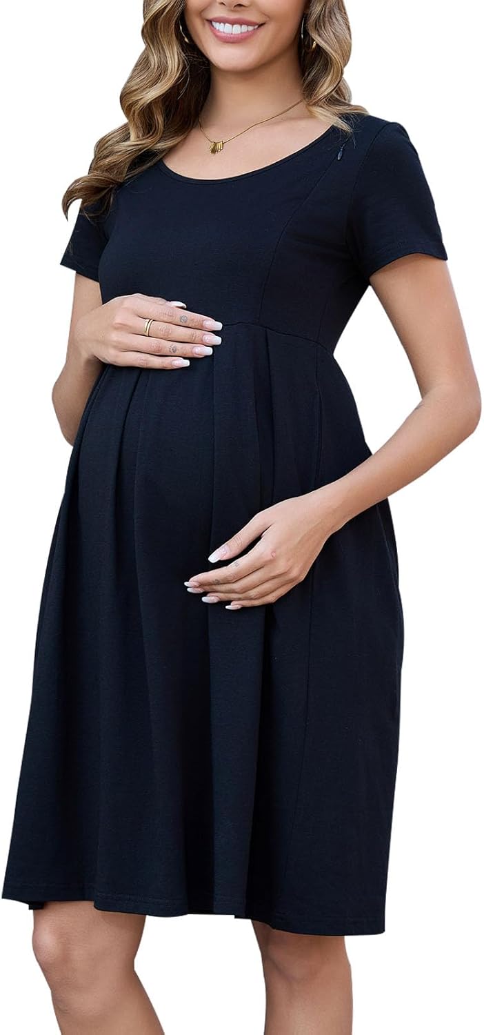 Ecavus Women's Nursing Dress Short Sleeve Hidden Zipper Maternity Breastfeeding Dress with Pockets - Image 2