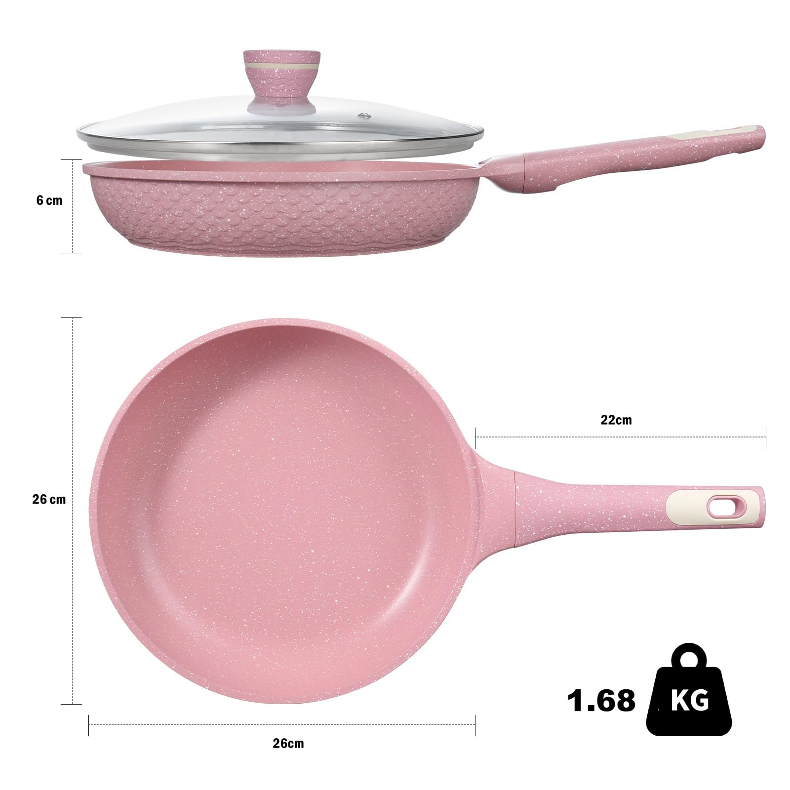 DYGG Non Stick Frying Pan 26 cm Pink with Lid, Super Nonstick Granite Coated, PFAS & PFOA Free Healthy - Image 2