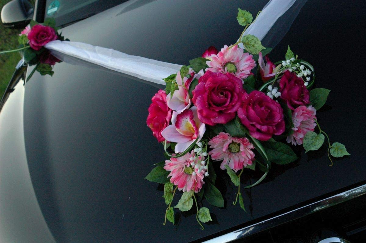 Autoschmuck Spitze STRAUß Auto Schmuck Braut Paar Rose Deko Dekoration Hochzeit Car Auto Wedding Deko PKW (SS GER Pink)