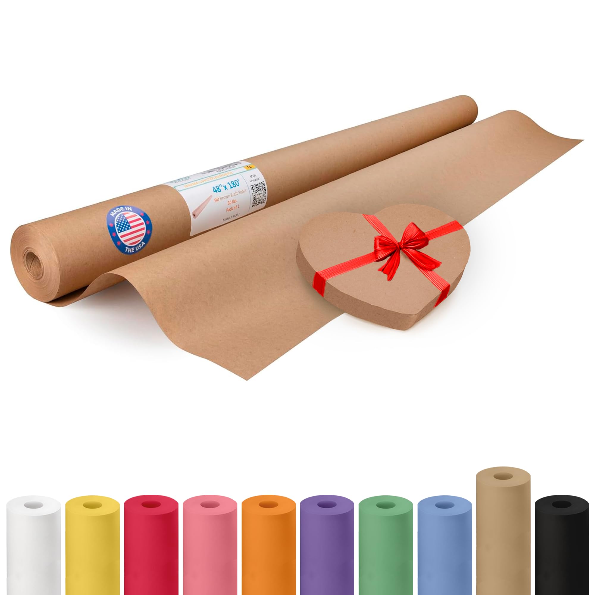 IDL Packaging Brown Kraft Paper Roll 48" x 2160" (180 feet), 30lb Thickness - USA-Made Brown Wrapping Paper for Packing, Moving, Shipping, Crafts,