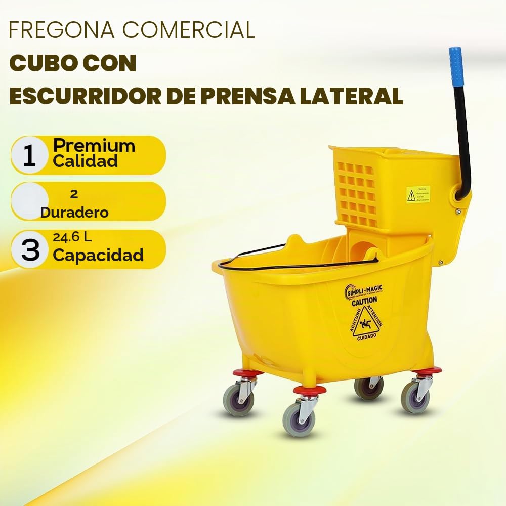 Simpli-Magic 79358 Cubo de fregona Comercial con escurridor de Prensa Lateral, 26 Cuartos de galón, Amarillo