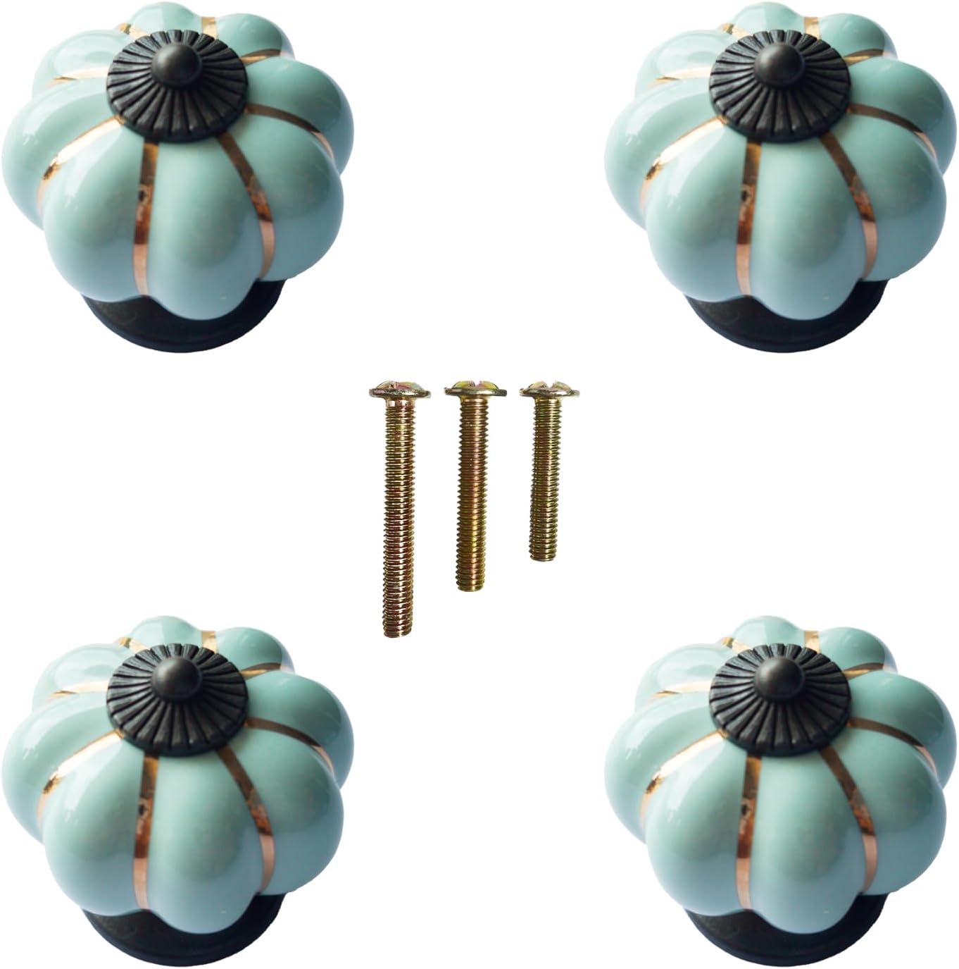 Vintage Ceramic Pumpkin Cabinet Knobs, Kitchen Cabinet Drawers Dresser Cupboard Pull Handles Door Pulls with 3 Kinds of Screws (4Pack, Sky Blue)