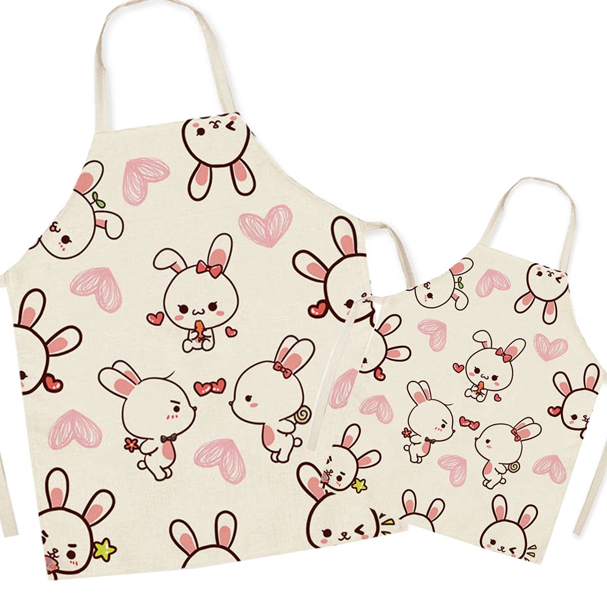 Fomaiself Rabbit Linen Parent And Child Cooking Apron - Cute Pattern Mum And Kids Apron, Mummy Son Daughter Aprons For Cooking Baking Painting Party