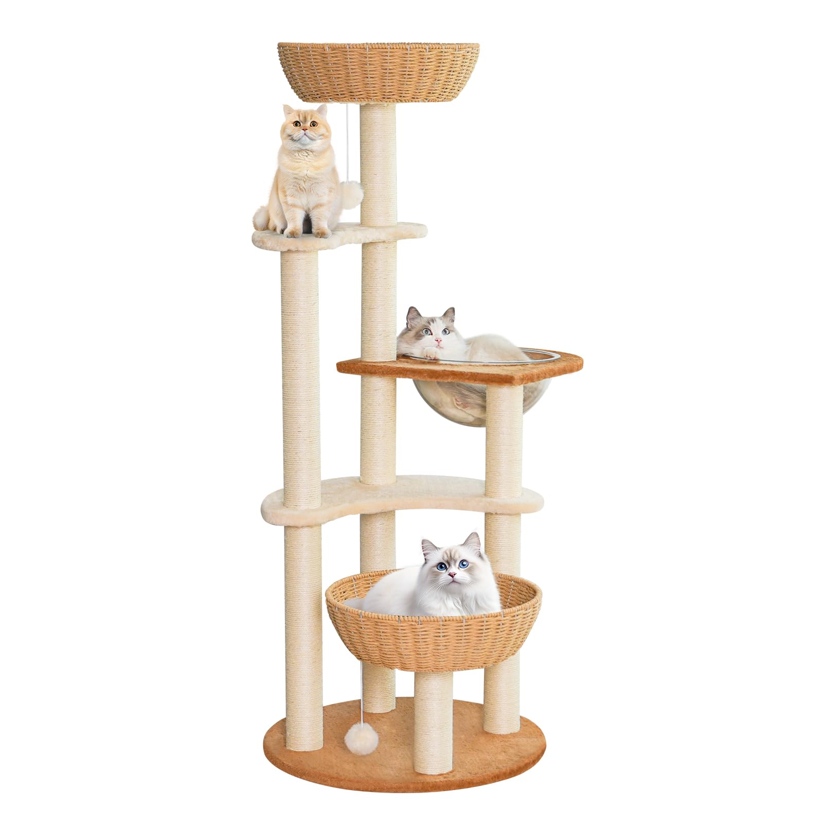 Modern Cat Tree Tower,Hand-Woven Ma Teng cat nest, Sisal-Covered Scratching Posts for Indoor Cats, Multi-Level Cat Condo with Space Capsule Nest, Tall Cat Tree for Multiple Large Cats