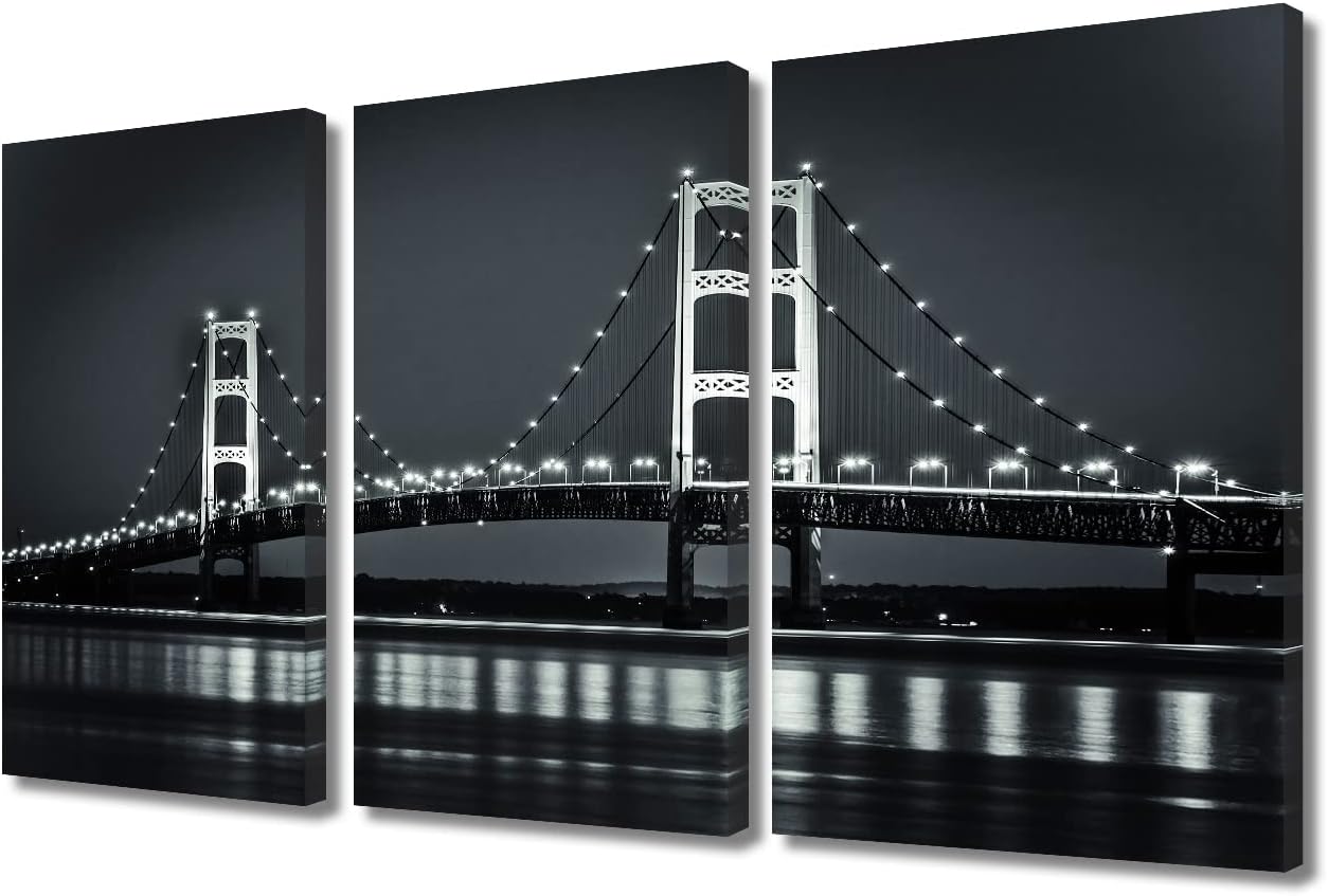 TUMOVO Michigan Mackinaw Bridge Canvas Wall Art USA Old Bridge City Landscape Painting Prints 3 Panels Wall Decor Black and White Artwork for Home Walls Bedroom Decor Ready to Hang 36 x 24 Inch