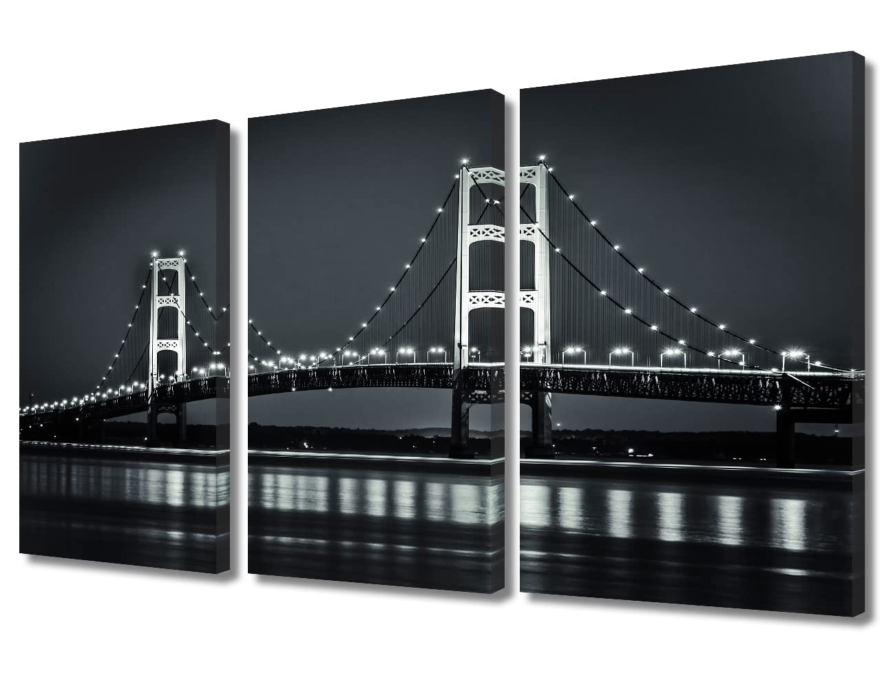 TUMOVO Michigan Mackinaw Bridge Canvas Wall Art USA Old Bridge City Landscape Painting Prints 3 Panels Wall Decor Black and White Artwork for Home Walls Bedroom Decor Ready to Hang 36 x 24 Inch