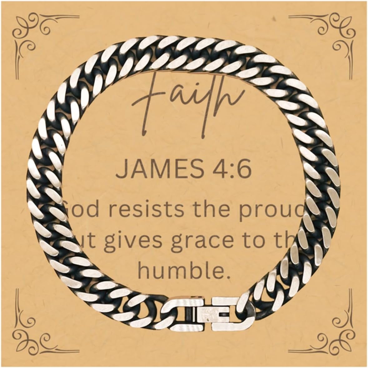 PARN'S Gifts For Christian Bible Verse - James 4:6 - Cuban Link Bracelet Faith Gifts For Son Dad Brother Nephew Boyfriend Husband, Religious Jewelry Bracelet Message Card Box