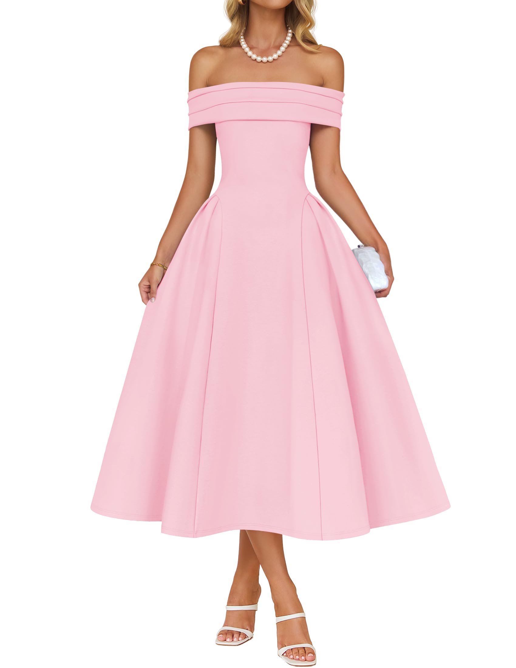 ZESICA Summer Cocktail Dresses for Women's Elegant Off Shoulder Short Sleeve Swing A Line Wedding Evening Party Midi Dress