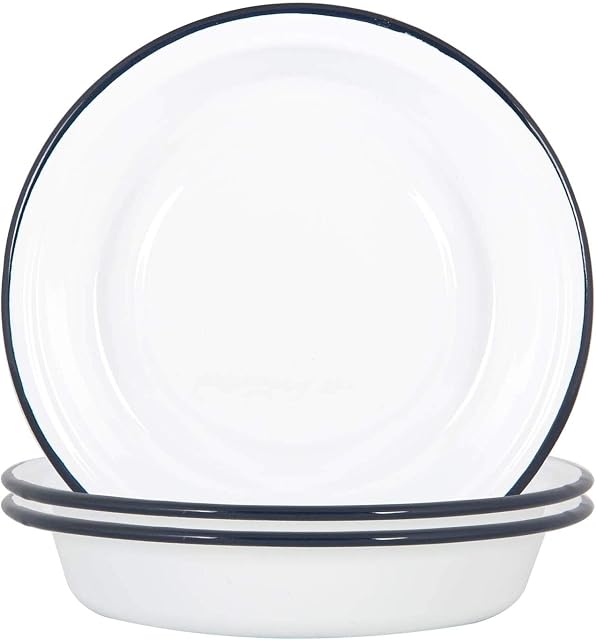 Argon Tableware White Enamel Deep Bowls - Metal Outdoor Camping Pie Oven Dishes - 22.5cm - Navy - Pack of 6
