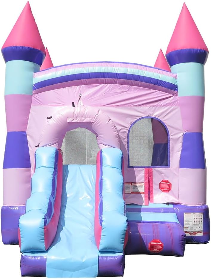 Crossover Inflatable Bounce House with Slide (Without Blower) 18 x 12 x 14.5 Foot Deluxe Pink Castle Bounce House Combo Waterslide with Basketball Hoop, Water Misting System, Stakes and Storage Bag
