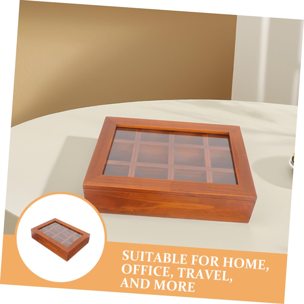 Cabilock Boîte à Sachets De Thé Compartimentée 12 Cases 30,9 x 26,5 x 6 Cm Bois Naturel Avec Couvercle Transparent Hermétique Porte-sachets De Thé Maison Bureau Voyage