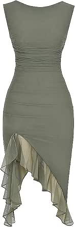 Irregular mesh solid sleeveless one shoulder mini dress y2k 90s Revival Techno Fashion